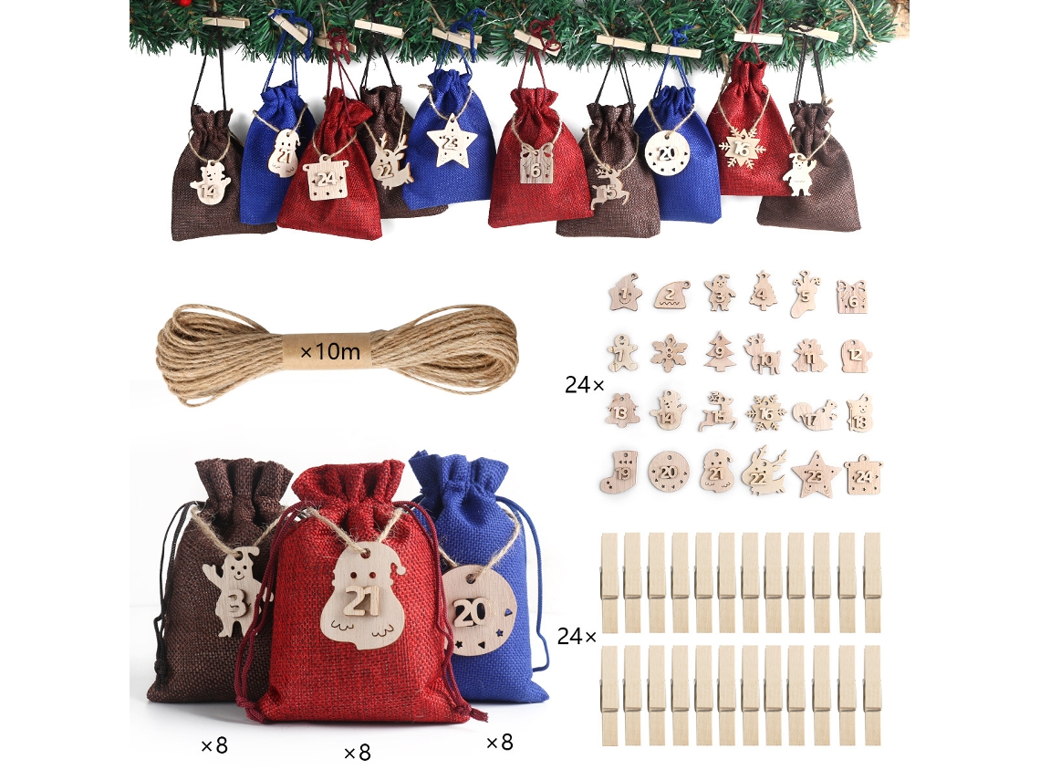 Calendario de Adviento navideño con cuenta regresiva de 24 días (tres colores)