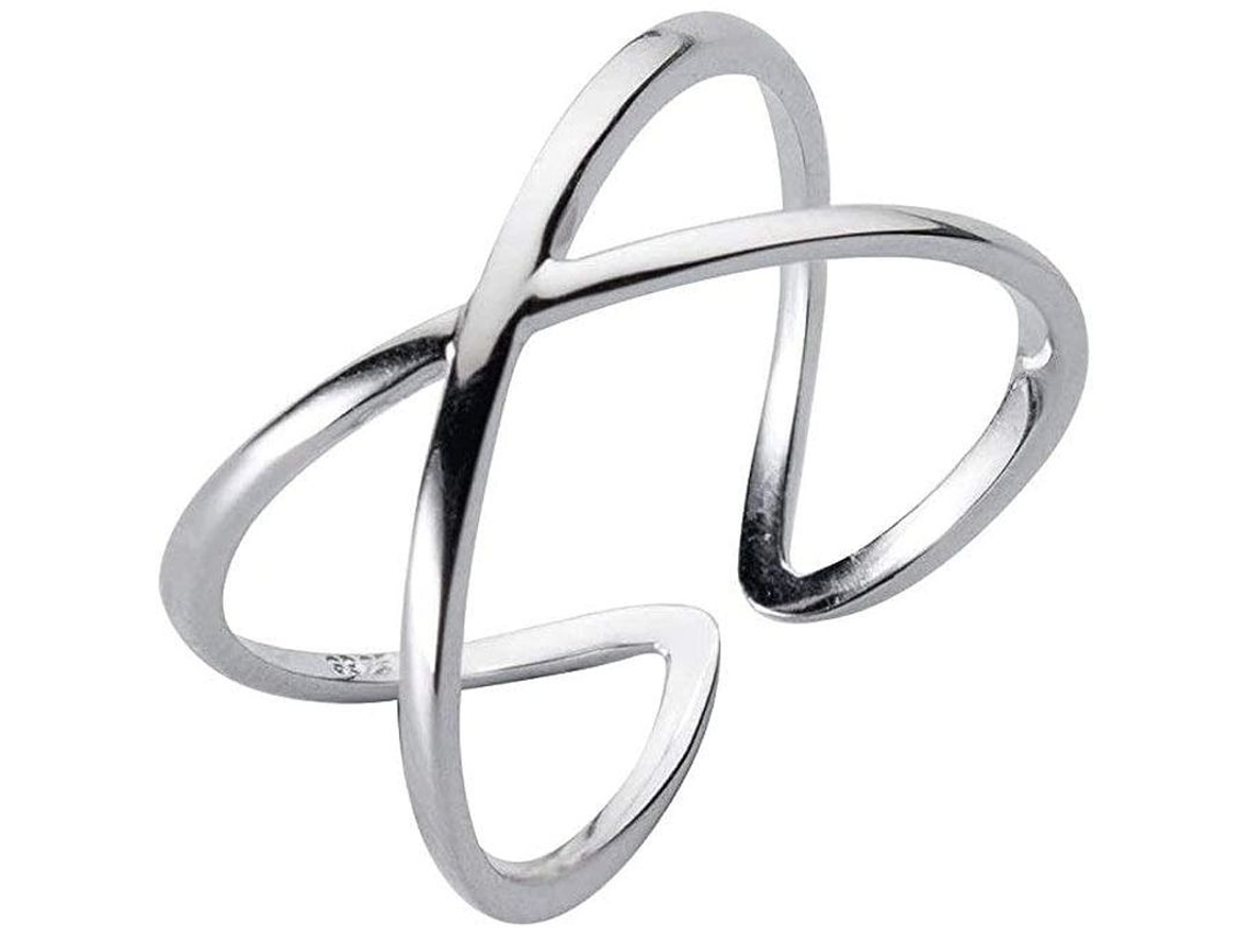 Anillo De Plata 925 Ajustable Cruz Abierta Minimalista Moda Pulido Linjou
