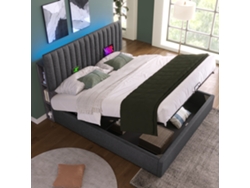 Cama Con Arcón Tapizada En Lino Con Puertos De Carga Y Led - 140 X 200 Cm - 3 Compartimentos En La Cabecera Ajustable - Gris