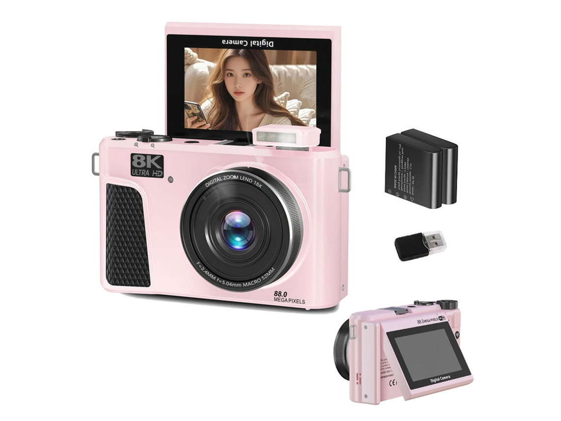 Cámara Digital Wd3 Szsmart 8k 88mp Autofocus Vlogging Con Wifi, Pantalla Flip 180° 3" Y Zoom 18x Para Youtube + 2 Baterías - Rosa
