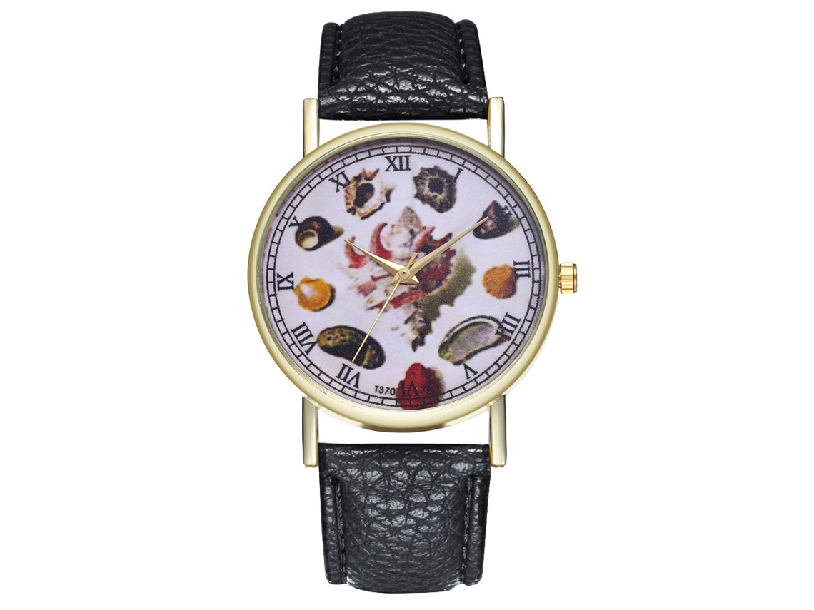 Reloj De Cuarzo Unisex Con Correa De Cuero Pu Dial De Caparazón Moda Pulsera Negro