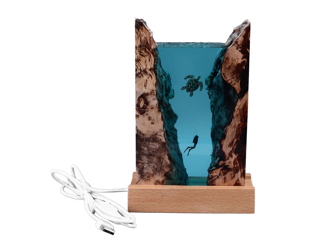 Lámpara De Resina Con Forma Tortuga Buceadora, Cable Usb E Interruptor Botón. Led Oceánica Para Aman