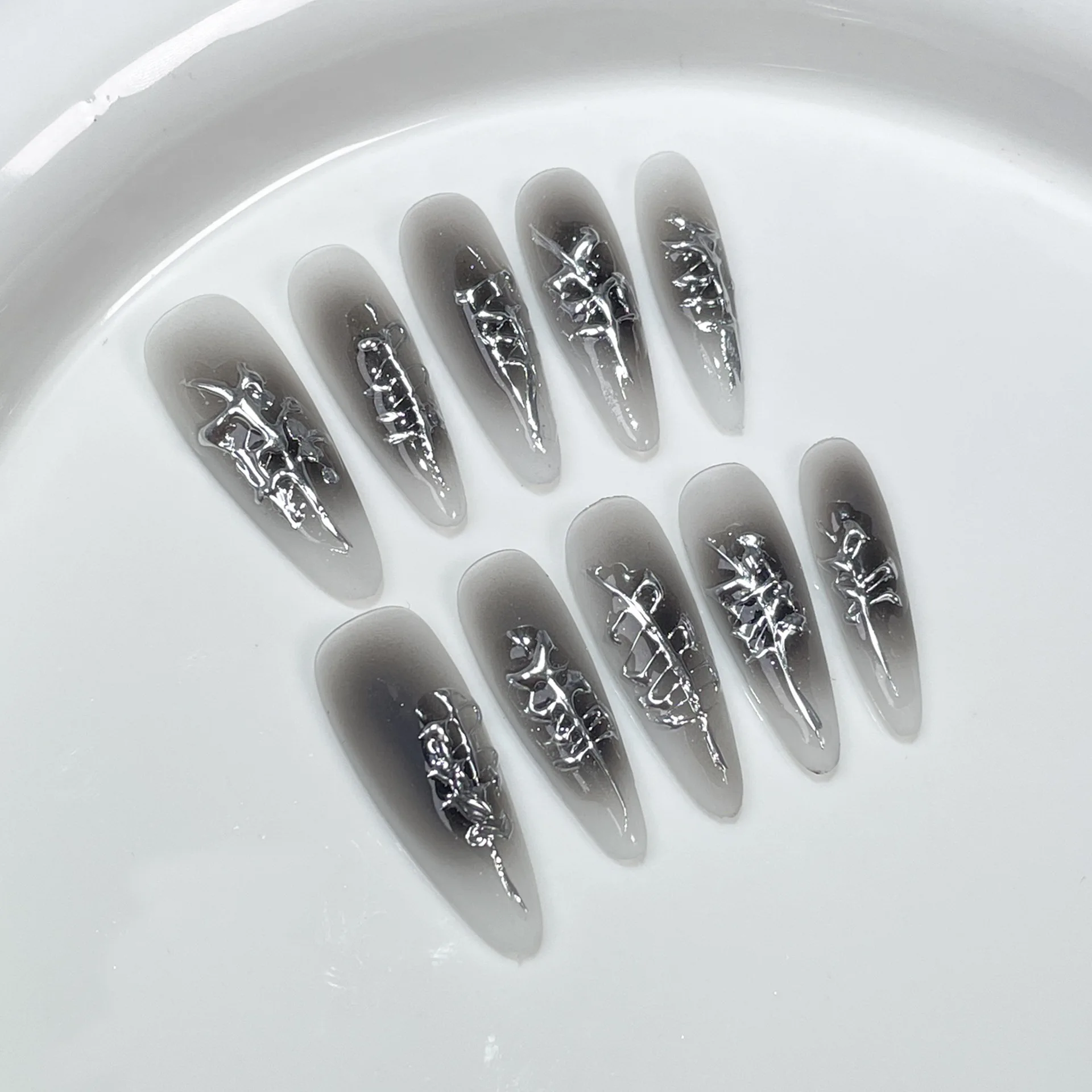 (324-l) 10 Uñas Postizas De Manicura Hechas A Mano Con Diseño De Perlas, Forma De Almendra Francesa.