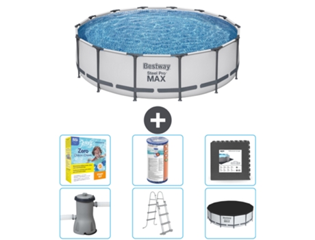 Piscina BESTWAY Round Steel Pro MAX - 427 x 107 cm - Gris - Bomba incluida - Escalera - Cobertor Paquete de mantenimiento - Filtrar - Baldosas