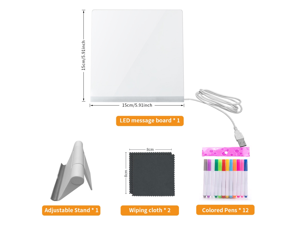 Pizarra De Dibujo Led Luminosa Para Niños, Bloc De Dibujo Acrílico Borrable Con 12 Rotuladores De Colores (15x15cm) Gertiz
