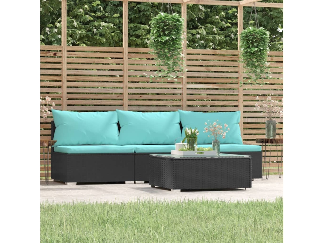 Conjunto de jardín de 4 piezas con cojines en mimbre sintético negro de DKD Home Decor