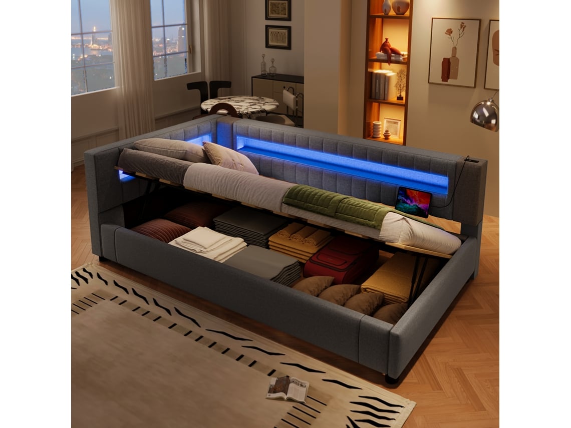 Sofá Cama De 90x200 Cm Con Mando A Distancia, Led, Usb-c, Retráctil, Gris, Hidráulico.