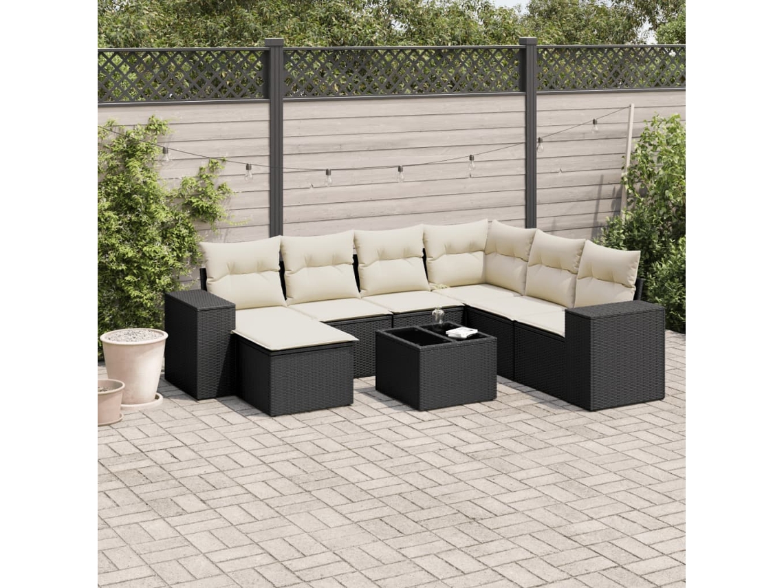 Conjunto de 8 sofás de jardín con cojines de mimbre sintético negro, Dkd Home Decor