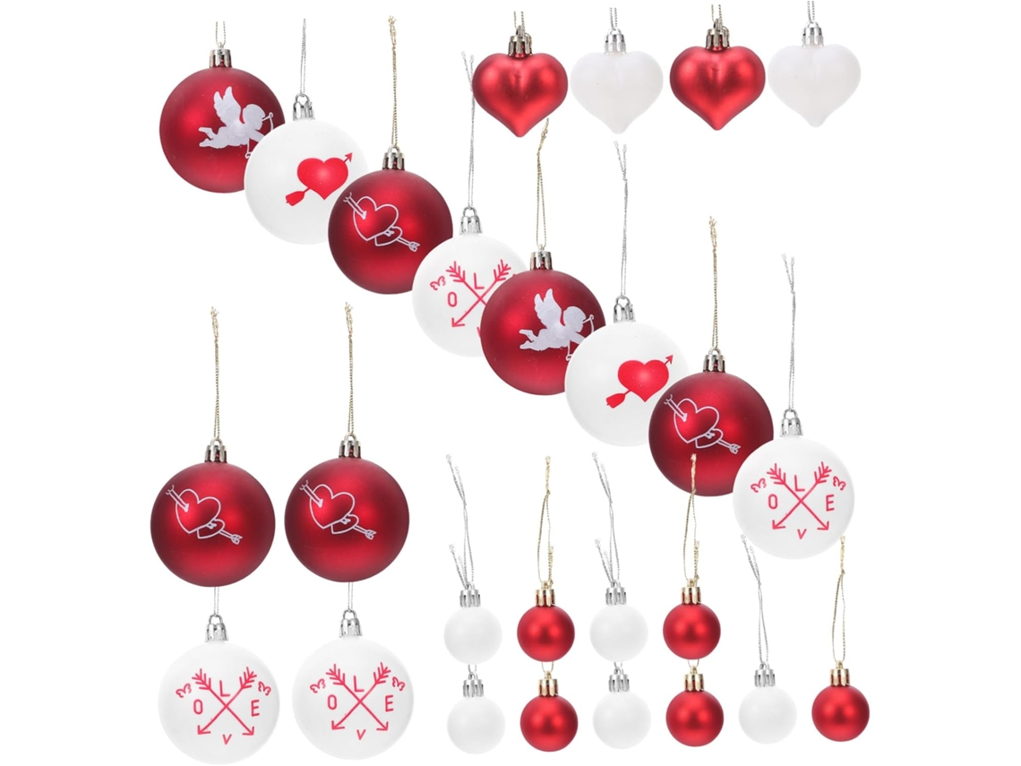 Juego de 36 bolas decorativas en forma de corazón en rojo y blanco GOKOCO