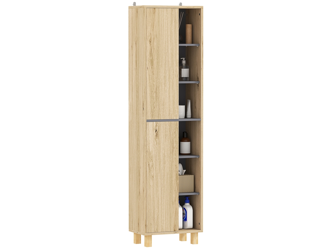 Mueble Columna Para Baño, Mueble De Baño Con 6 Compartimentos Abiertos Y 2 Armarios, Madera Natural.