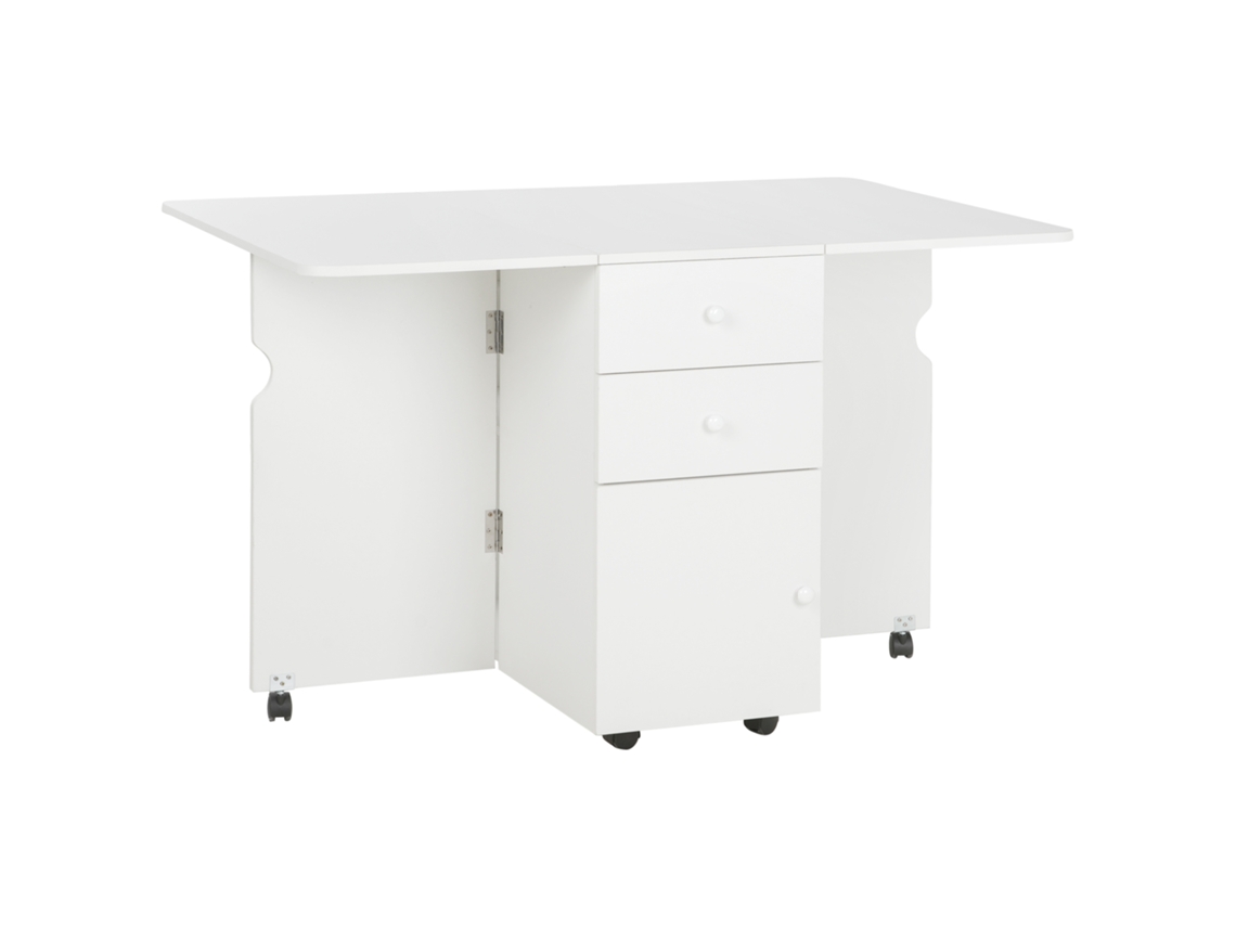 Mesa Plegable Con Ruedas, Cajones Y Puertas Abatibles Para Cocina, 120x80x75cm, Blanca.