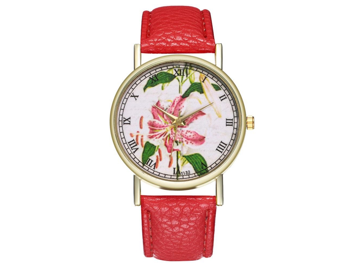 Reloj Analógico De Cuarzo Unisex Con Correa De Pu Y Elegante Esfera Floral (rojo)