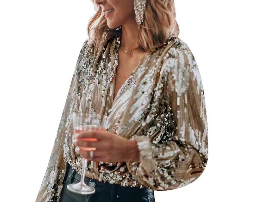 2026-camisa De Mulher Com Strass Gola V Manga Longa Para Festa Mzv S Ouro