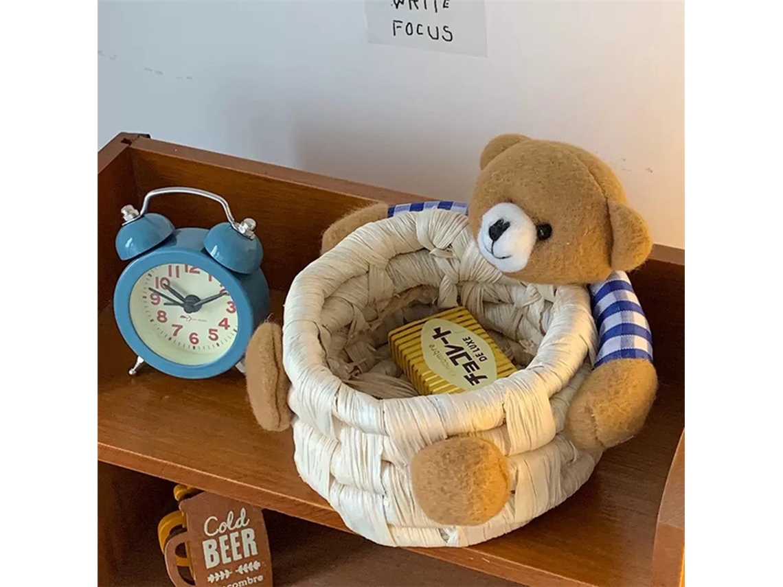 Cesta De Almacenamiento De Paja Con Forma De Osito De Dibujos Animados Para Escritorio, Oficina O Dormitorio.
