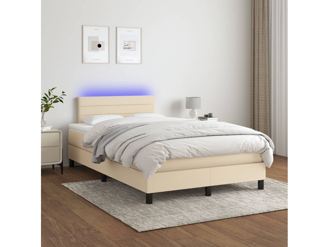 Cama Box Spring Con Colchón Y Led Tela Crema 120x200 Cm