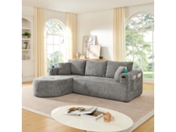 Sofá esquinero en L de 3 plazas - Cloud Couch, sin montar, portavasos de acero inoxidable, tejido de lino transpirable, bolsillos laterales - gris