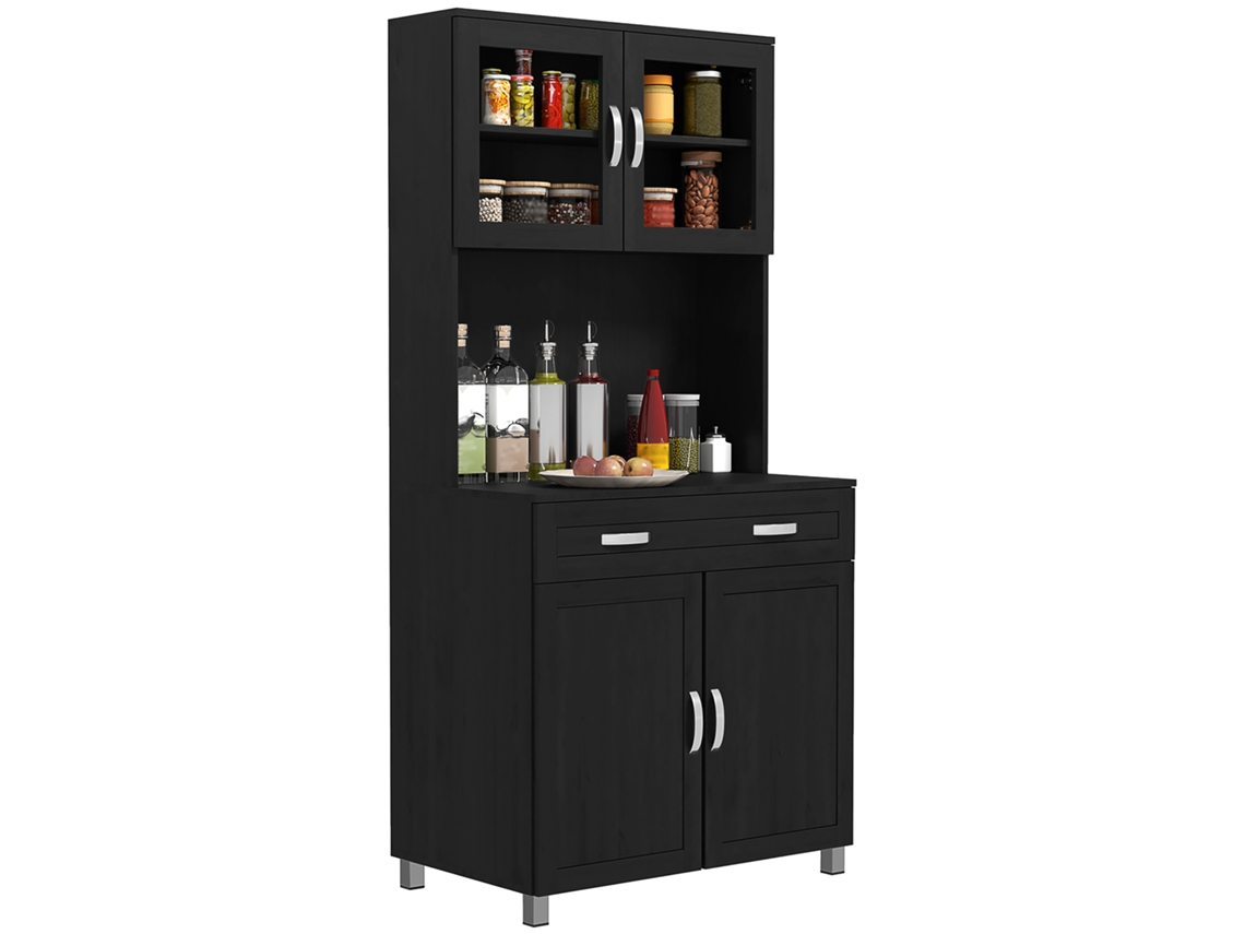 Aparador Alto De Cocina, Mueble De Cocina Con 4 Puertas, Cajón, Encimera, Estantes Ajustables, 80x48x170cm, Negro