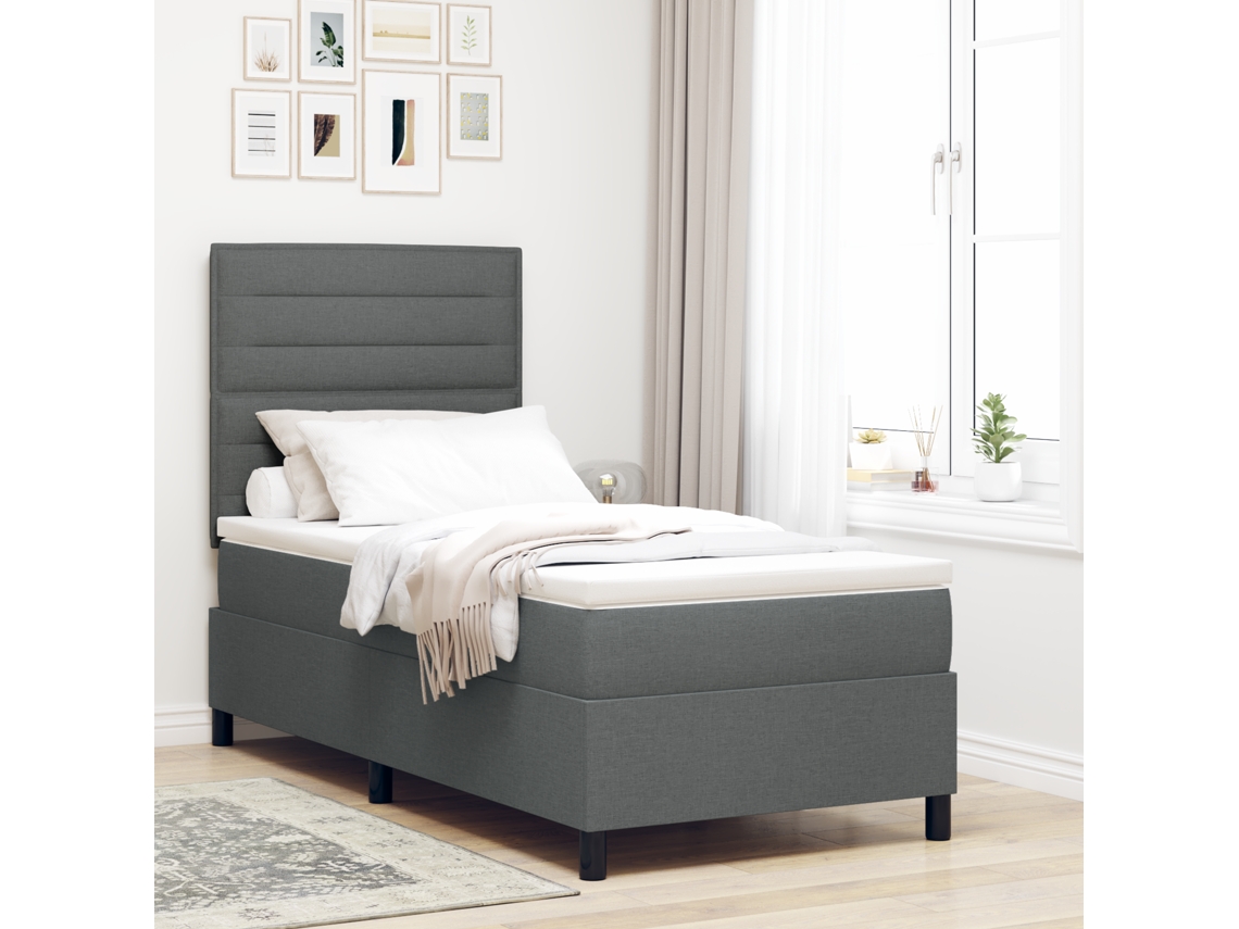 Cama Box Spring Con Colchón Gris Oscuro Individual Tela