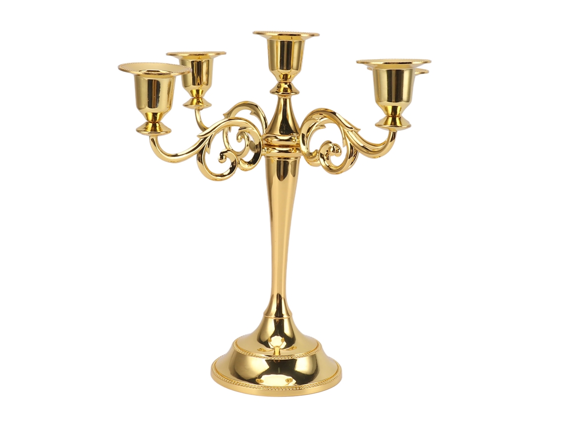 Candelabro retro de 5 brazos, hierro dorado, para el hogar o la iglesia.