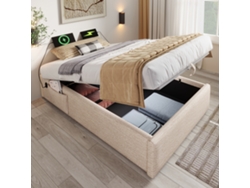 Base de cama USB-C tapizada en lino beige GUTENT (90 x 200 cm)