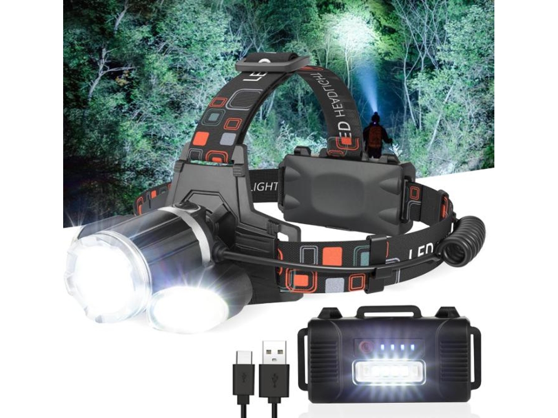 Linterna frontal recargable, luz frontal LED superbrillante, accesorios para acampar con luz roja, linterna de recarga USB de 4 modos (negro) CHRONUS