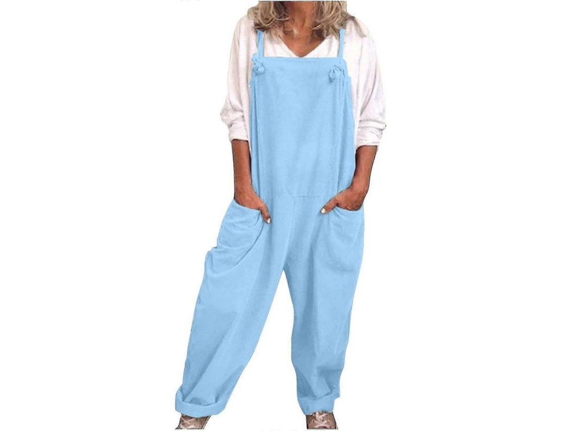 Monos Mujer Casual Sueltos Algodón Y Lino Verano Pantalones Cortos Azul Claro L Azul Claro