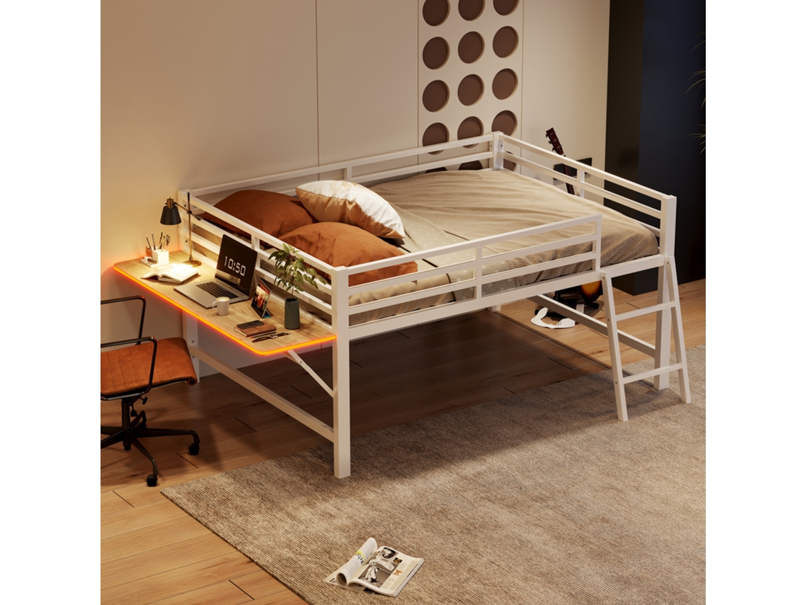 Cama Baja 140x200 Cm - Sin Colchón, Barandilla, Escalera, Escritorio, Tira Led - Blanco