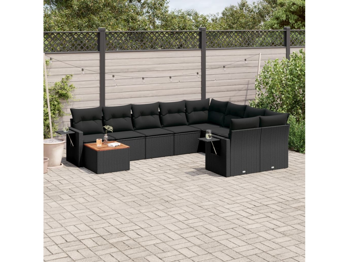 Conjunto de sofá de jardín de 10 piezas con cojines en mimbre sintético negro de DKD Home Decor