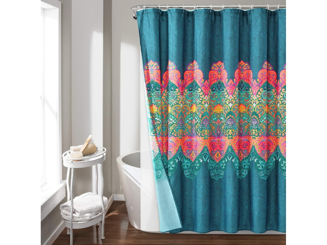 Cortina estilo boho chic con forro de PEVA y anillas, juego de 14 piezas, azul marino, 72 x 72 cm...