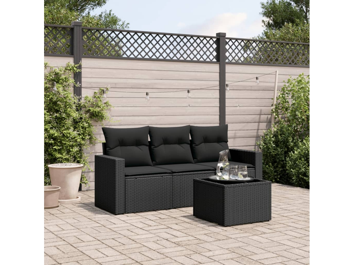 Conjunto de sofá de jardín de 4 piezas con cojines, mimbre sintético negro, Dkd Home Decor