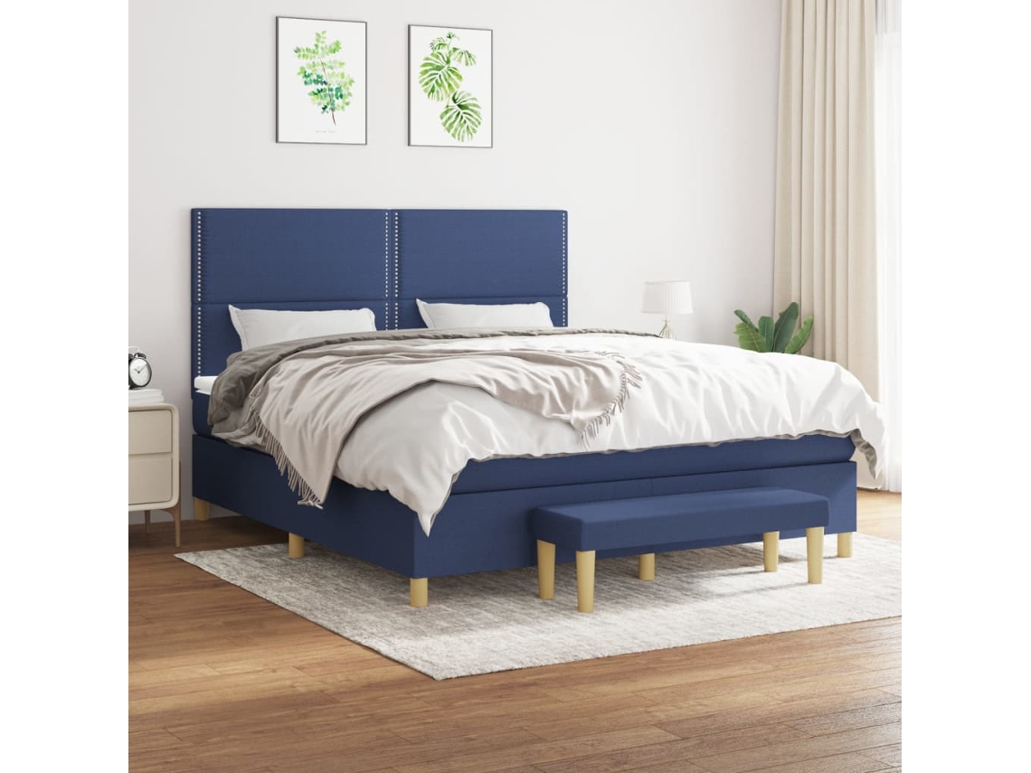 Cama Box Spring Con Colchón Tela Azul 180x200 Cm
