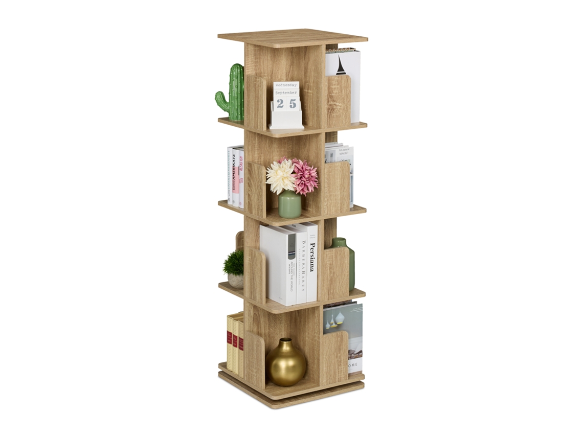 Estantería Relaxdays, giratoria 360 grados, 4 niveles, madera, Hbt: 125,5 x 39 x 39 cm, estantería para salón, color natural.