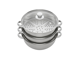 Olla vaporera, diseño compacto, compatible con placas de inducción/gas, color plata.
