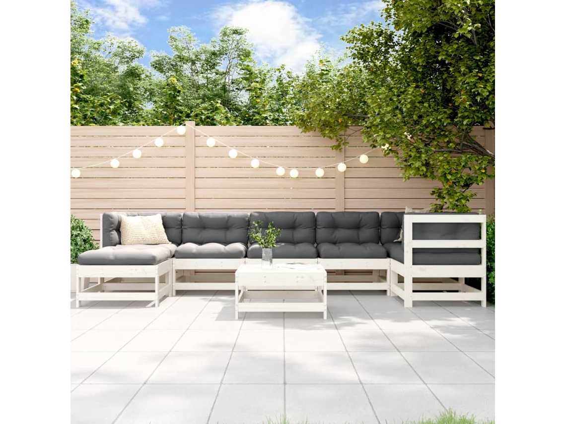 8pcs Conjunto Lounge Jardim C/ Almofadões Madeira Maciça Branco Dkd Decoración Del Hogar