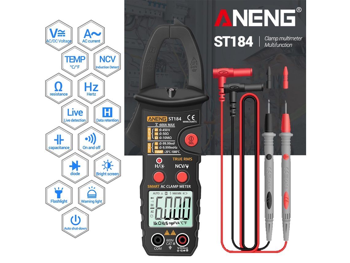 Multímetro Clamp True Rms Aneng Com Detector De Tensão Ac/dc, Amperímetro, Ohmímetro, Capacitância, Temperatura E Teste De Continuidade