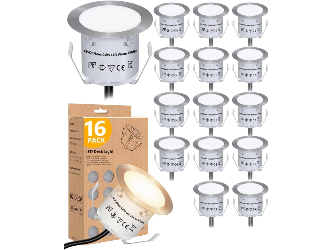 Paquete de 16 luces LED para terraza, con base impermeable, ideales para iluminación de terrazas, ORBITRA COMMERCE (blanco cálido).