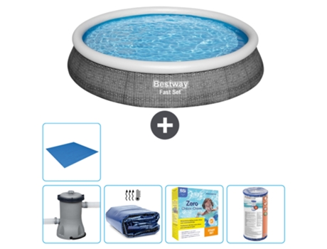 Piscina hinchable redonda Fast Set BESTWAY - Estampado ratán - 396 x 84 cm - Bomba incluida Vela solar - Paquete de mantenimiento - Filtrar - Suelo