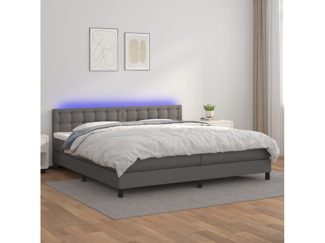 Cama Box Spring Colchón Y Led Cuero Sintético Gris 200x200 Cm
