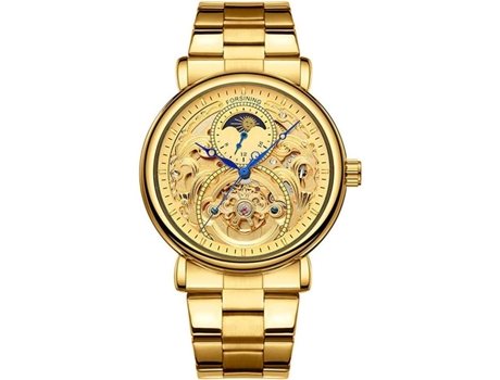VEANXIN Relojes de pulsera automáticos de cuero y acero inoxidable con esqueleto-Acero inoxidable totalmente chapado en oro.