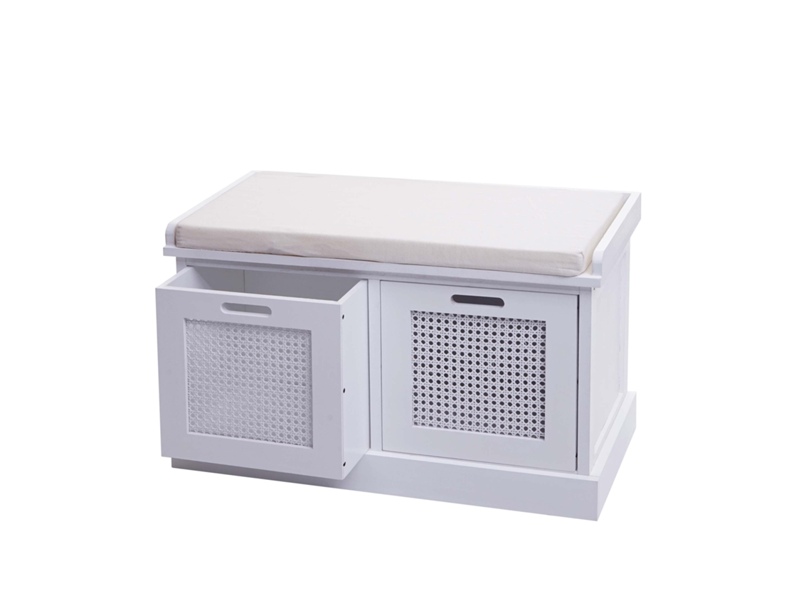 Banco En Madera de Paulownia Blanca Y Mdf Con Cojines Blancos Cajas de Almacenaje 47X75X40Cm Ban04054 MOBIKASA