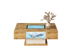 Mesa De Centro - Con Led De Cambio De Color, Con Vidrio, Mesa Auxiliar Con Dos Cajones - Natural