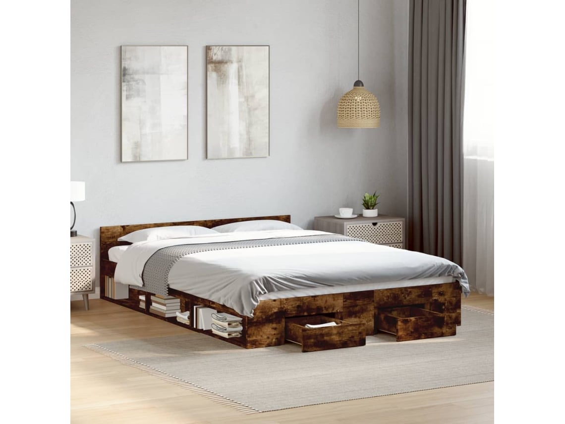 Cama Con Cajones Madera De Ingeniería Roble Ahumado 120x190 Cm