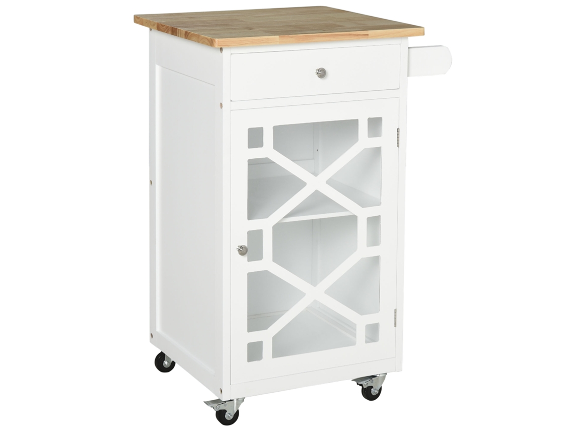 Carrito de servicio, carrito de cocina con ruedas, cajón, armario, toallero, blanco VISTA