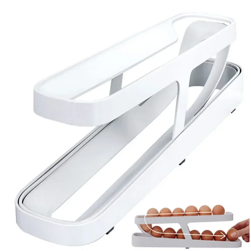 Una Huevera Con Dispensador Automático De Huevos Deslizante, Fabricada En Plástico.