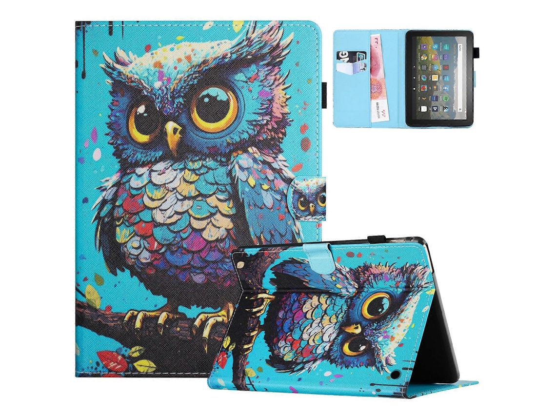 Funda para tableta Amazon Fire HD 10 A1, a prueba de golpes, de cuero, con tarjetero y soporte, diseño de búho Chennnls (2023)