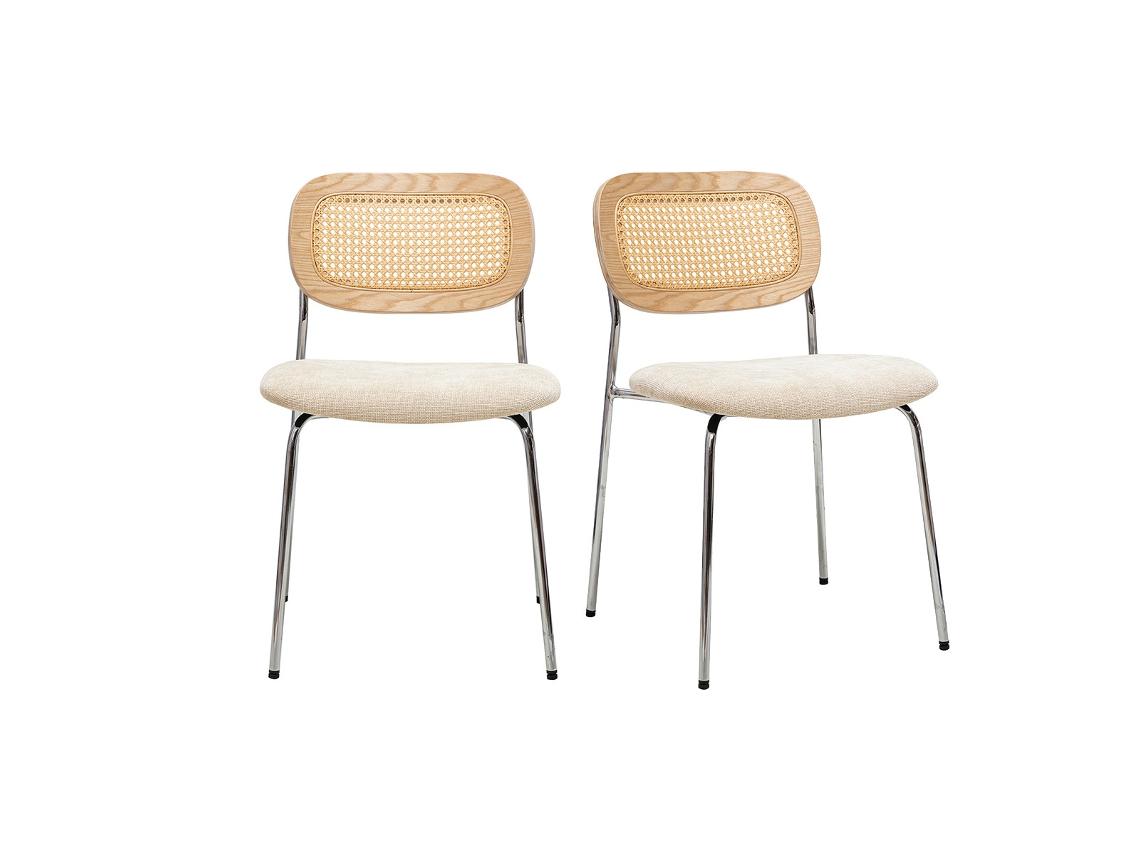 Sillas De Diseño En Tela Efecto Terciopelo Texturizado Beige, Metal Cromado Y Tejido De Ratán (set De 2) Miranda Miliboo