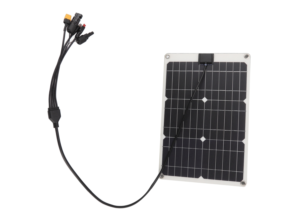 Cargador portátil con panel solar Primerox de 50 W con batería de silicio monocristalino de 18 V y 4 conectores.