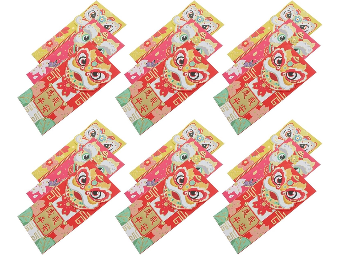 30 Sobres Rojos De Año Nuevo Chino En Papel Liso 3d Con Diseño De Cachorro De León Bailando.