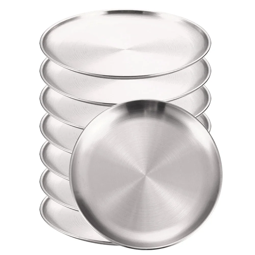 (8pcs, Plata, 14cm) Bandeja Redonda De Acero Inoxidable, Resistente A La Oxidación, Ideal Para Acampar, Barbacoa, Etc.