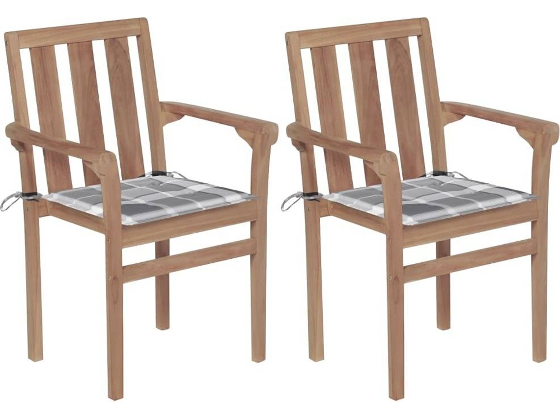 vidaXL Sillas de jardín 2 uds madera teca con cojines a cuadros gris